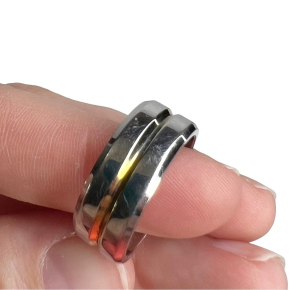 Silver Stainless Steel & Gold Tone Groove Wide Band Ring - Picture 7 of 10